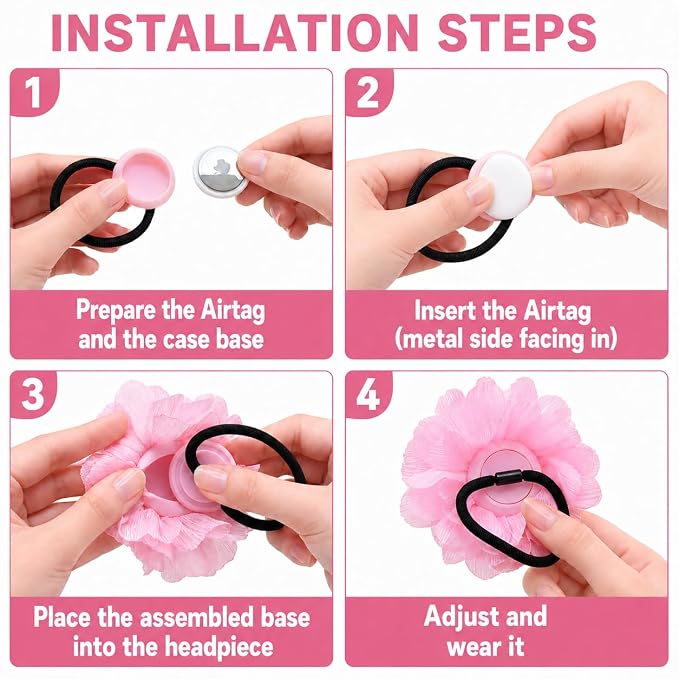 2 Pack Kids Hair Ties Holder for Airtag 2nd & 1st, Cute Flower Hidden Hair Elastic Band Tracker Case for Girls (Pink White, Thick Hair)