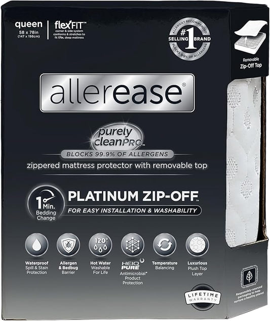 AllerEase Platinum Zip-Off Top Waterproof Mattress Protector Queen 360 Degree Zipper Particle Barrier Temperature Balancing Luxurious Plush Top Separately Machine Washable Mattress Cover (White)