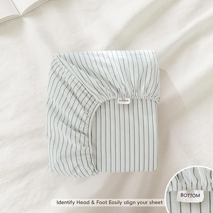 MooMee Stripes Fitted Bottom Sheet Only 100% Washed Cotton Linen Like Textured Breathable Durable Soft Comfy Deep Pocket (White Heathered Green Wide Stripes, Queen)