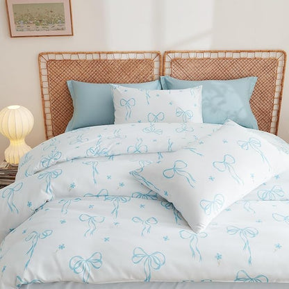 Queen Comforter Set White - Blue Bow Comforter Set Queen Size, Quilt Bedding Set 3 Pieces, Soft Lightweight Comforter(90‘’ x 90‘’) for Girl All Season & 2 Pillow Cases(30‘’x20‘’)