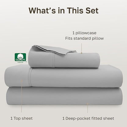 California Design Den Natural 100% Cotton Sheets, Twin XL Sheets Set, 400 Thread Count Sateen Bedding for Dorm Rooms & Adults, Deep Pockets, Durable - Light Grey