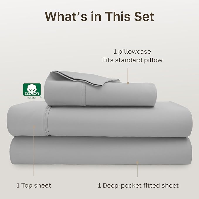 California Design Den Natural 100% Cotton Sheets, Twin Sheets Set, 400 Thread Count Sateen Bedding for Dorm Rooms & Adults, Deep Pockets, Durable - Light Grey