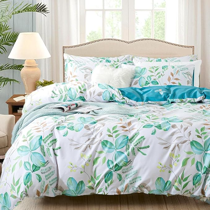 FADFAY Botanical Duvet Cover Sets King/Cal King Size 100% Cotton Teal Green Leaves Patterned Comforter Cover Aesthetic Bedding for All Season Soft Crisp Modern Bed Cover with Zipper 3 Pcs, King