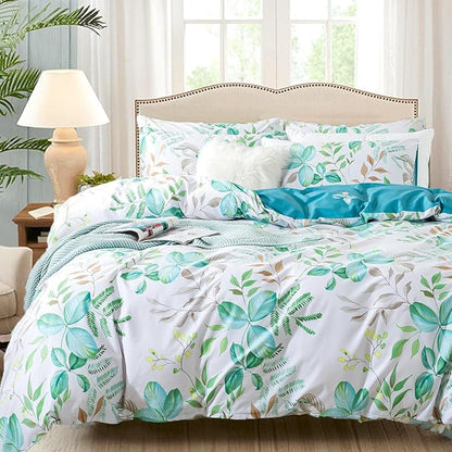 FADFAY Botanical Duvet Cover Sets King/Cal King Size 100% Cotton Teal Green Leaves Patterned Comforter Cover Aesthetic Bedding for All Season Soft Crisp Modern Bed Cover with Zipper 3 Pcs, King