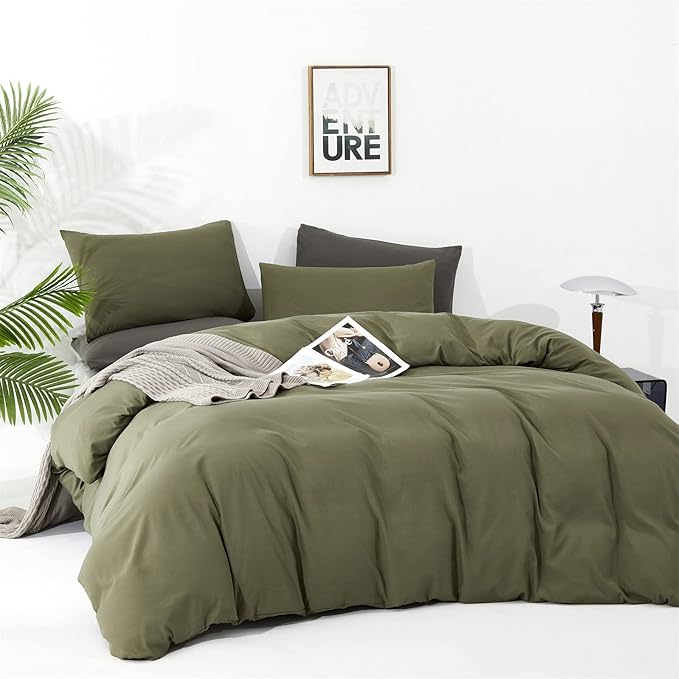 CLOTHKNOW Olive Green Queen Comforter Set Green Bedding Comforter Sets Soft Dark Green Comforter with 2 x Pillow Cases