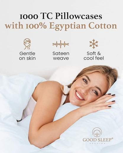 1000 TC Light Blue Standard Pillowcases Set of 2 100% Egyptian Cotton Pillow Cases with Long Staple Cotton & Sateen Weave, Silky Soft Hotel - Like Bed Pillow Covers for Comfy Sleeping, Snug Fit