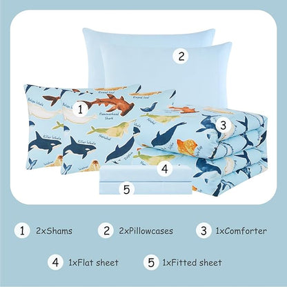 Full Comforter Set for Boys Kids - 7 Pieces Glow in The Dark Ocean Animals Full Size Bedding Sets for Kids, Ultra Soft Bed in A Bag with Sheets