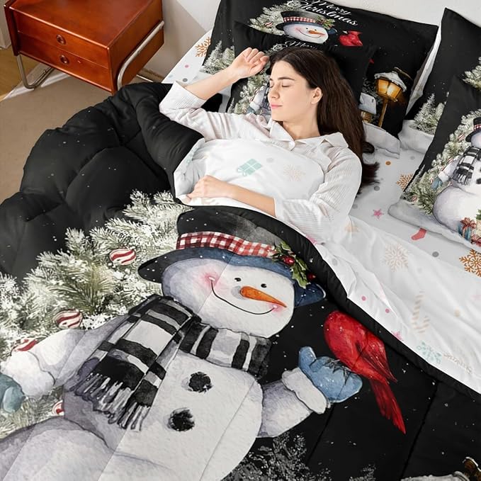 Castle Fairy Xmas Snowman Reversible 7 Pieces Comforter Set,Funny Christmas Trees Bed Sheet Set for Kids Teens Boys,Exotic Bird Winter Cabin Decor Bedding Set with Comforter,Fitted & Flat Sheet,King