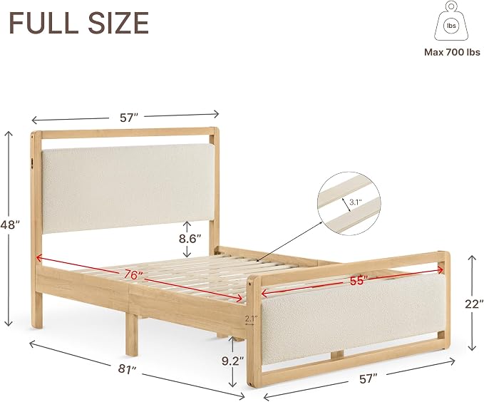 KISLOT Wood Bed Frame, with USB Headboard & Footboard, Oat, Full | Mattress Foundation, Strong Wooden Slat Support, Noise-Free, No Box Spring Needed, Easy Assembly