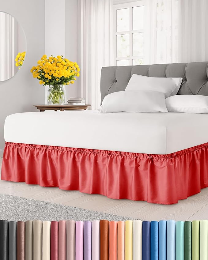 Wrap Around Dust Ruffle Bed Skirt - Red - for King Size Beds with 12 Inch Drop - Easy Fit Elastic Strap - Adjustable Pleated Bedskirt w/Brushed Fabric - Wrinkle Free - for Women, Men, Kids & Teens