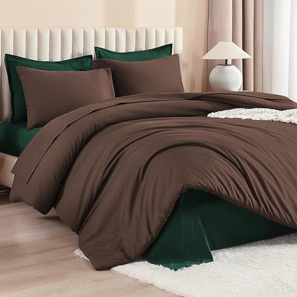 Litanika Queen Comforter Sets Brown Emerald Green- 7 Pieces Bed in a Bag Beddding Sets, Solid Lightweight Bed Set with Comforter, Sheets, Pillowcases & Shams