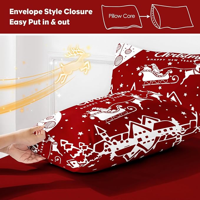 YIYEA Christmas Pillow Cases Standard Size Set of 4, Ultra Soft Double Brushed Microfiber Red Pillowcases and Christmas Pillow Covers, Envelope Closure, Fade Resistant (20"x26")