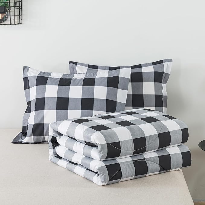 Caressma Plaid Comforter Set Black and White Full Size, 3 Pieces Buffalo Plaid Comforter Bedding Set, Stylish Geometric Plaid Fluffy Home Decor for All Seasons