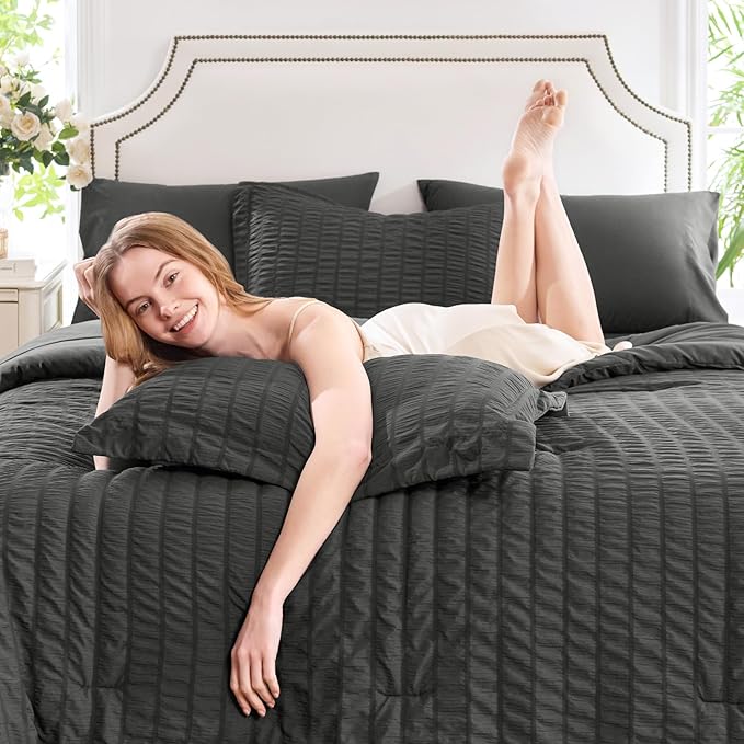 CozyLux Oversized Queen Comforter Set Dark Grey Seersucker 7 Pieces 98x98 Bed in a Bag Comforter Set with Sheets, Luxury Bedding Sets Down Alternative Comforter, Sheets, Pillowcases & Shams, Dark Gray