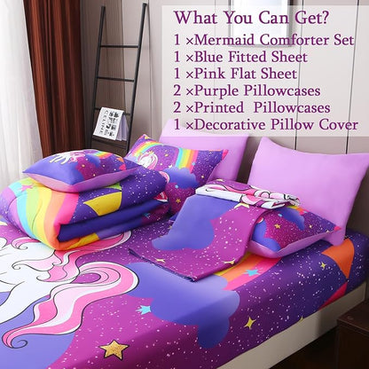 JQinHome Unicorn Queen Bedding Sets for Girls Kids,8 Piece Bed in A Bag 3D Purple Rainbow Theme Unicorn Comforter Set with Sheet Set(Rainbow)