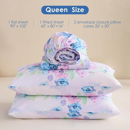 JSD Purple Hydrangea Floral Sheet Set Queen Size, 4 Piece Printed Microfiber Bed Sheets Deep Pocket