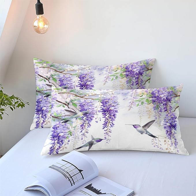 Comforter Set Full Purple Wisteria Bedding Set Hummingbirds Bedding Soft Down Alternative Comforter with 2 Pillowcases, Aesthetic Floral Design