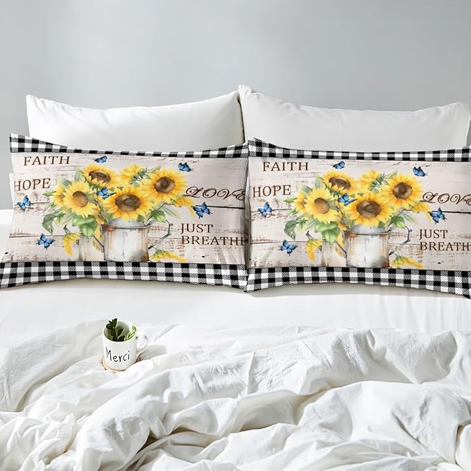 Castle Fairy Yellow Sunflowers Bedding Set Rustic Farmhouse Style Duvet Cover Black White Plaid Comforter Cover Retro Gingham Bedroom Quilt Cover Full with 2 Pillowcase,No Comforter