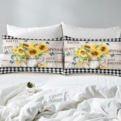 Yellow Sunflowers Bedding Set Rustic Farmhouse Style Duvet Cover Set Black White Plaid Comforter Cover Retro Gingham Bedspread Cover Bedroom Quilt Cover Twin with 1 Pillowcase,No Comforter