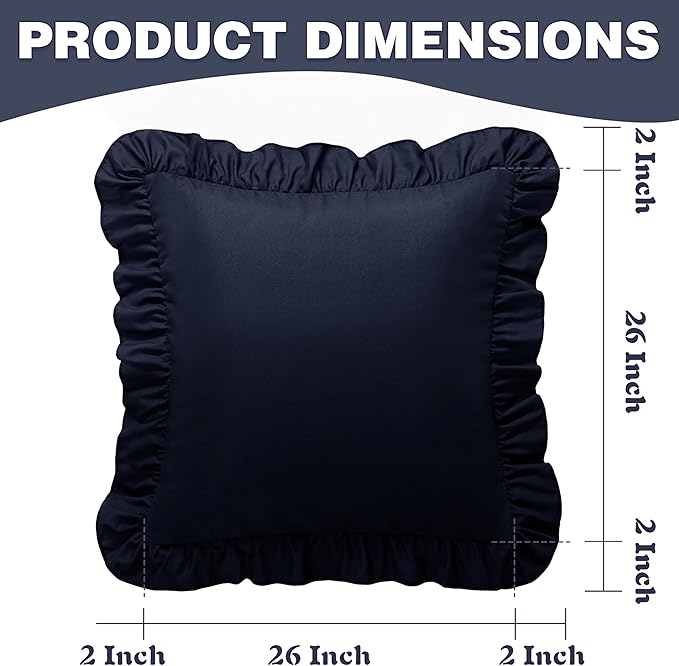 KKJIAF Ruffle Pillow Cases 26x26 Inches, Navy Blue Square Ruffled Pillow Covers Set of 2, Microfiber Wrinkle Resistant Pillow Shams with Envelope Closure for Sofa Bed Living Room