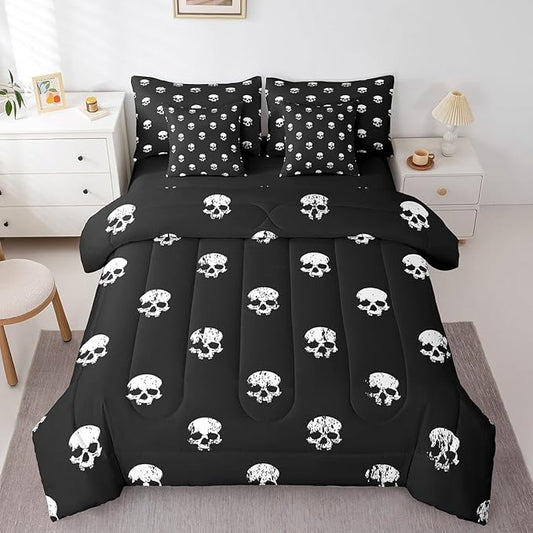 Skull Decor Bedding Sets Queen Size Gothic Horror Halloween Decorative Comforter Set for Kids Teens Adults All Season (Comforter,Flat Sheet,Fitted Sheet,2 Pillowcases,2 Pillow Covers) 7 Pcs