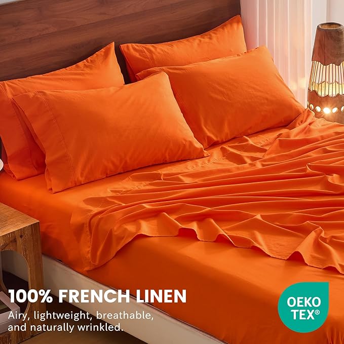 Bedlifes 100% French Linen Sheets King Size 18-24" Extra Deep Pocket 4-Piece Set Breathable & Moisture-Wicking,Soft & Durable Sheets for Thick Mattresses(Orange)