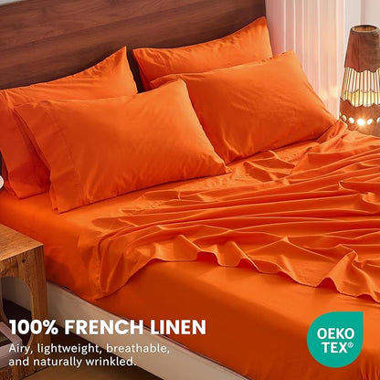 Bedlifes 100% French Linen Sheets King Size 18-24" Extra Deep Pocket 4-Piece Set Breathable & Moisture-Wicking,Soft & Durable Sheets for Thick Mattresses(Orange)