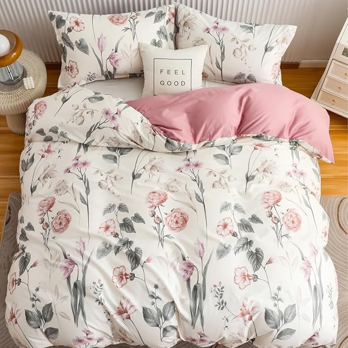 OAITE Duvet Cover Set Twin Size Floral Pattern 600 Thread Count Ultra Soft 100% Long Staple Cotton Duvet Cover Sets 3-PC, Breathable Duvet Cover with Zipper Closure & Corner Ties