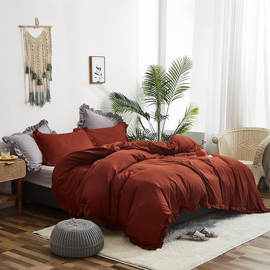 Luxlovery Ruffle Comforter Set King Burnt Orange Farmhouse Caramel Bedding Comforter Set Shabby Chic Rust Orange Solid Blanket Quilts Ruffled Reddish Caramel Bedding Set for Women Men