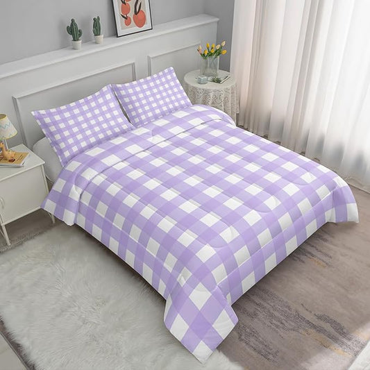 Gingham Comforter Set for Girls,Light Purple Kawaii Plaid Checkered Bedding Twin Size,Modern Geometric Bedding for Women Girls Kids,Farmhouse Grid Bed Comforter Set 1 Quilt 2 Pillowcases