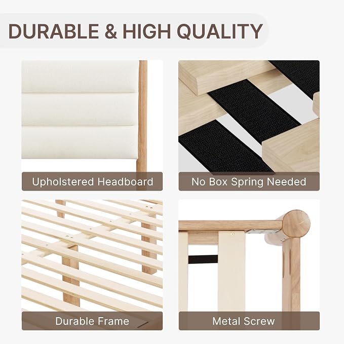 KISLOT Wood Bed Frame with Upholstered Headboard, Cream, Queen | Wooden Platform, Silent Slat Support, Mattress Foundation, No Box Spring Needed, Easy Assembly