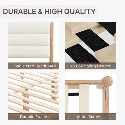 KISLOT Wood Bed Frame with Upholstered Headboard, Cream, Queen | Wooden Platform, Silent Slat Support, Mattress Foundation, No Box Spring Needed, Easy Assembly