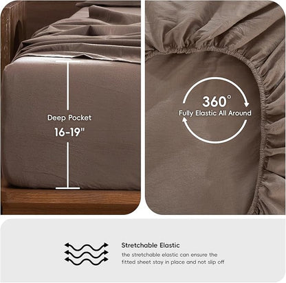 MooMee Bedding Sheet Set 100% Washed Cotton Linen Like Textured Breathable Durable Soft Comfy (Solid Brown, Full)