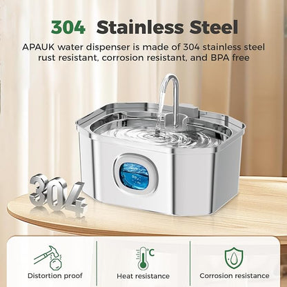Cat Water Fountain, Apauk 108oz/3.2L Silent cat Water Fountain Stainless Steel, Cat Fountain, Automatic Pet Water Fountain,Dog Bowl, Controllable Blue Light - (2 Filters& 2 Sponges)