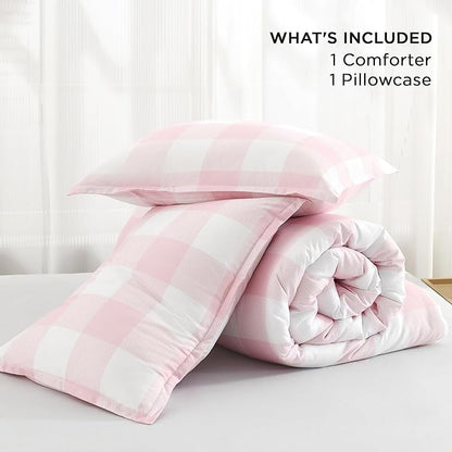Andency Pink Checkered Comforter Twin(66x90Inch), Plaid Gingham Buffalo Plaid Grid Bedding Sets for Girls Kids Women Kids Teens, 2 Pieces Lightweight Polyester Geometric Preppy Bed Set