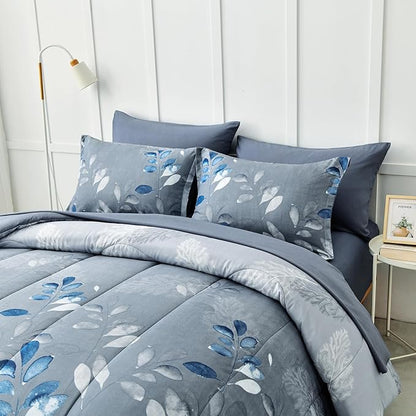 7 Piece Blue Botanical Bed in a Bag King Floral Comforter Set - Elegant Gradient Leaves Bedding Set for All Season (1 Comforter, 2 Pillow Shams, 2 Pillowcases, 1 Flat Sheet, 1 Fitted Sheet)