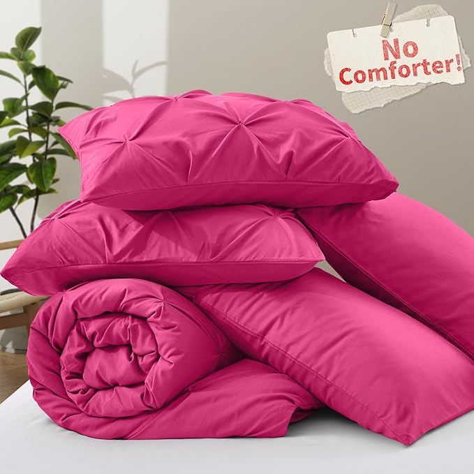 VACVELT 5 Piece Pinch Pleated Duvet Cover King Size Set, No Comforter, Hot Pink Pintuck Duvet Cover with Zipper & 8 Ties, Shabby Chic & Microfiber, 2 Pillow Shams, 2 Pillowcases