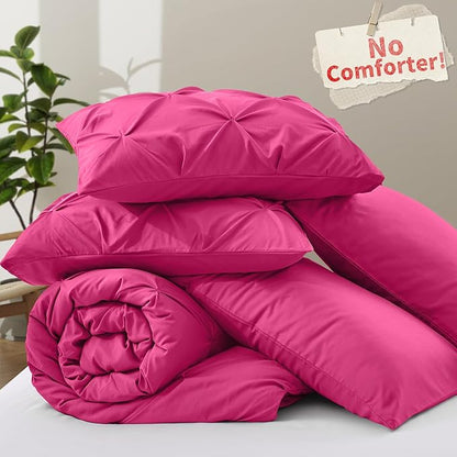 VACVELT 5 Piece Pinch Pleated Duvet Cover King Size Set, No Comforter, Hot Pink Pintuck Duvet Cover with Zipper & 8 Ties, Shabby Chic & Microfiber, 2 Pillow Shams, 2 Pillowcases