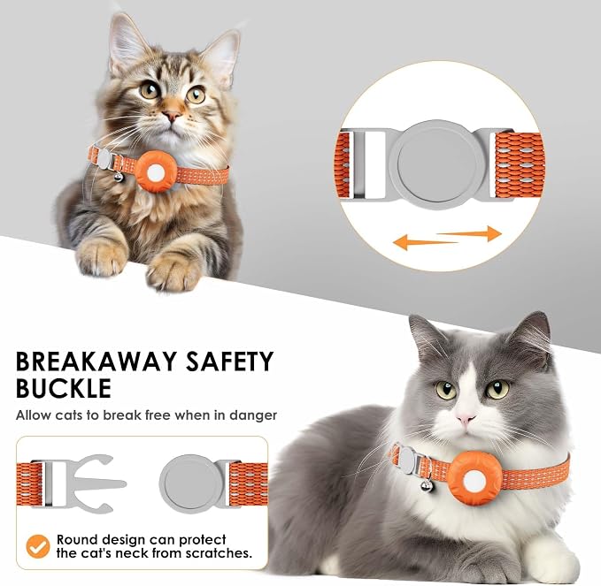 Smart Cat GPS Tracker, Cat Tracker Collar with Safety Elastic Buckle, Compatible with Apple Find My App (Only iOS), No Monthly Fee, Waterproof (White Tracker, Orange Cat Collar)