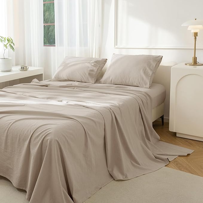 JIYUAN Queen Size Sheet Set, 4-Piece - 100% Washed Cotton, Linen-Like Soft & Breathable, Includes Deep Pocket Fitted & Flat Sheet with 2 Pillowcases, Hotel Quality, Heathered Tannish Linen Grey