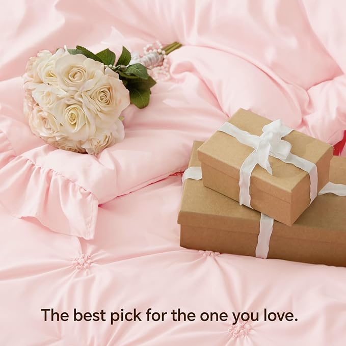 BEDELITE Baby Pink King Size Comforter Set - 3 Pieces Boho Ruffle Pintuck Bedding Comforter Sets, Lightweight Soft & Warm King Bedding Set with 2 Pillowcases for All Season