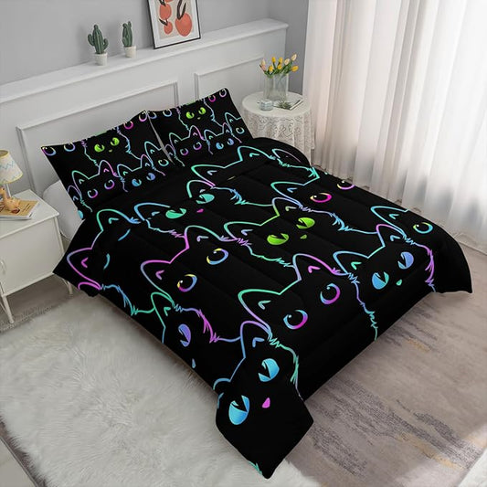 Axolotl Kids Cartoon Cat Bedding Comforter Set,Gradient Line Cute Cat Bedding Set for Teens,Colorful Neon Cats Comforter for Boys Girls Adults,1 Animal Quilt 2 Pillow Cases,King Size Black