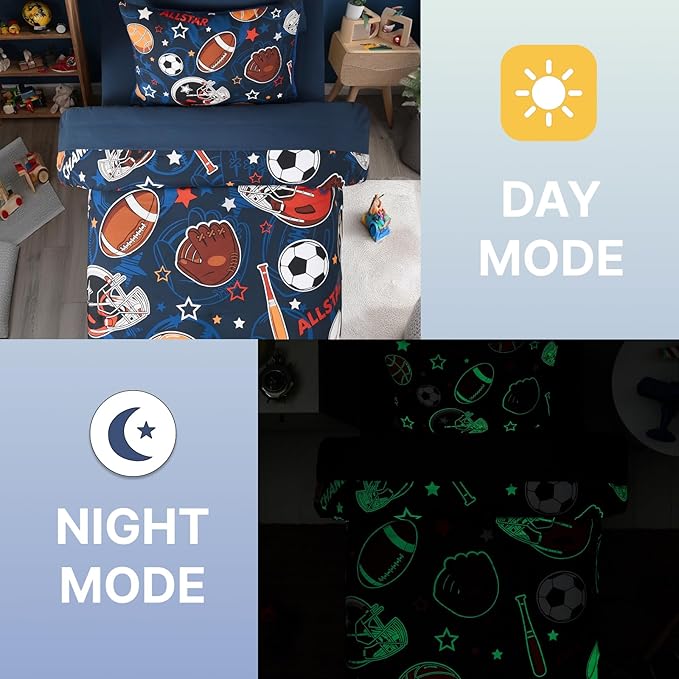 Twin Comforter Set for Boys-5 Pieces Sports Ball Games Glow in the Dark Twin Bedding Sets for Kids, Ultra Soft Bed in A Bag with Sheets