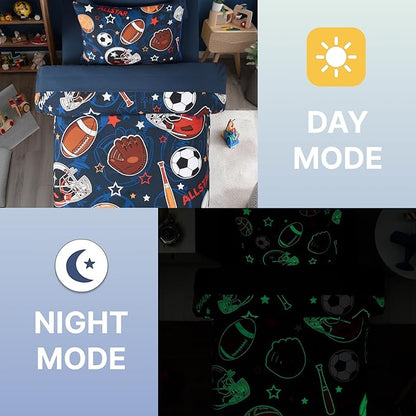 Twin Comforter Set for Boys-5 Pieces Sports Ball Games Glow in the Dark Twin Bedding Sets for Kids, Ultra Soft Bed in A Bag with Sheets