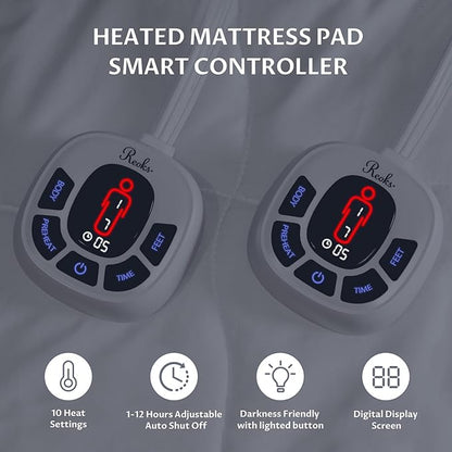 King Size Multi Zone Electric Heated Mattress Pad - Bed Warmer with Memory & Preheat Functions, 10 Heat Settings Dual Control for 1-12 Hours Auto Off, Lighted Button