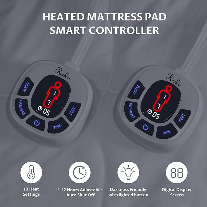 Queen Size Multi Zone Electric Heated Mattress Pad - Bed Warmer with Memory & Preheat Functions, 10 Heat Settings Dual Control for 1-12 Hours Auto Off, Lighted Button