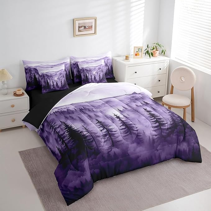 Erosebridal Purple Forest 7 Piece Comforter Set King,Rustic Woodland Pine Tree Bedding Set with Sheets,Jungle Smoky Mountain Bed in A Bag for Adults Women Men Retro Natural Landscape Bed Set