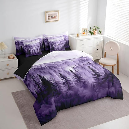 Erosebridal Purple Forest 7 Piece Comforter Set King,Rustic Woodland Pine Tree Bedding Set with Sheets,Jungle Smoky Mountain Bed in A Bag for Adults Women Men Retro Natural Landscape Bed Set