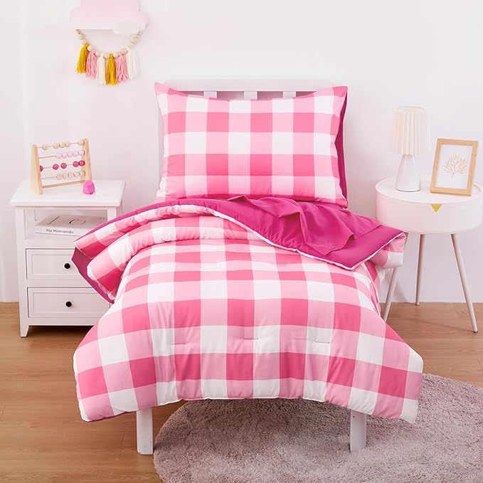 Wake In Cloud - Gingham Toddler Bedding Set for Girls Boys, Cute Plaid Buffalo Check, 4 Pieces Soft Crib Bed Set Including Comforter, Sheets and Pillowcase, Hot Pink