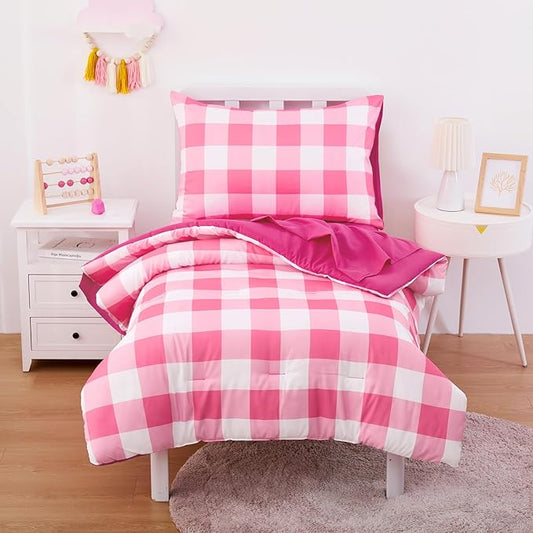 Wake In Cloud - Gingham Toddler Bedding Set for Girls Boys, Cute Plaid Buffalo Check, 4 Pieces Soft Crib Bed Set Including Comforter, Sheets and Pillowcase, Hot Pink